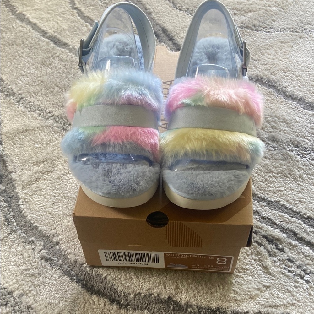 Blue and Pink Fuzzy Sandals with Plush Bands